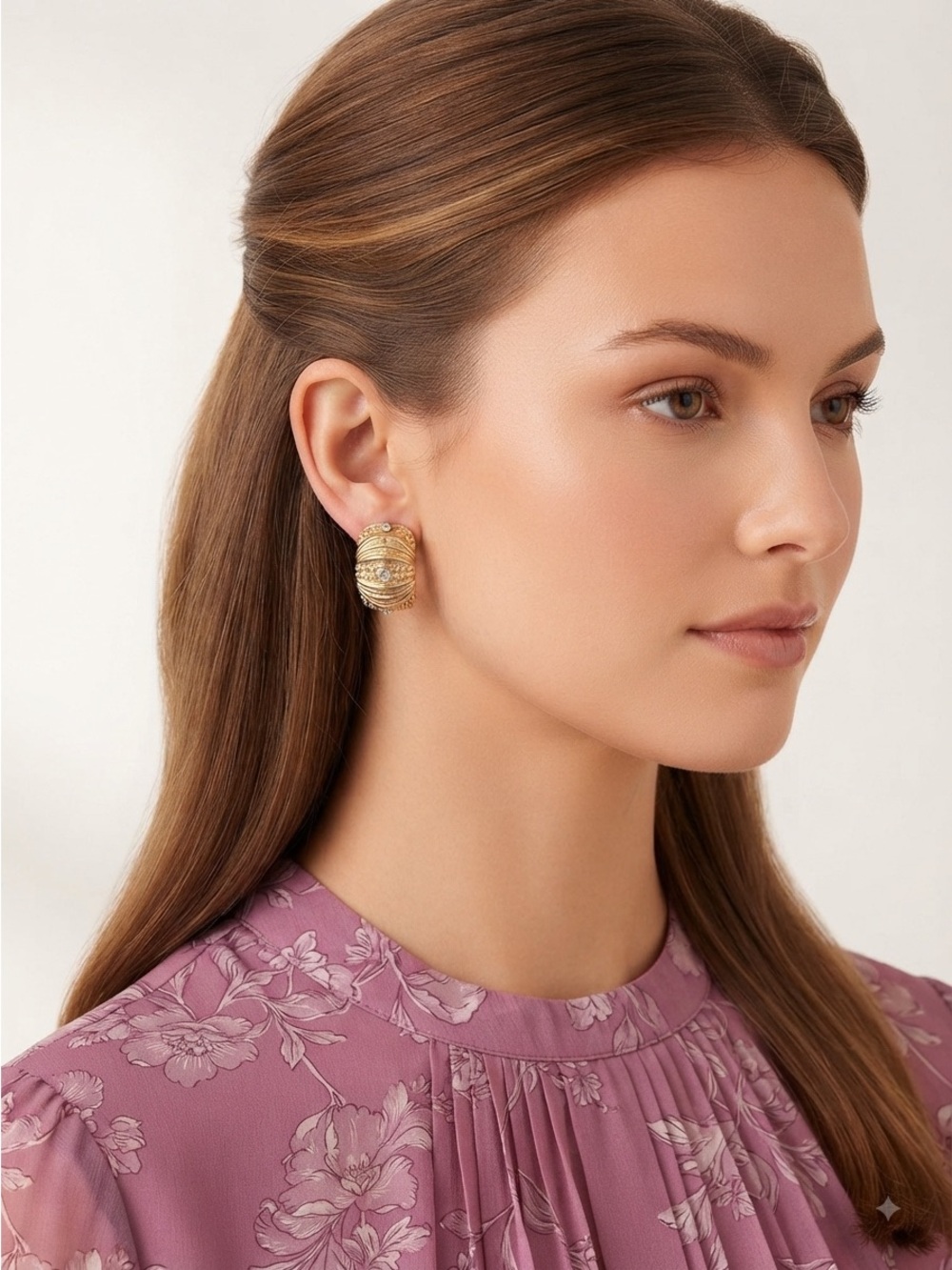 Vintage 80s Gold Dome Earrings | Ribbed Rhinestone Statement - Picture 8 of 14